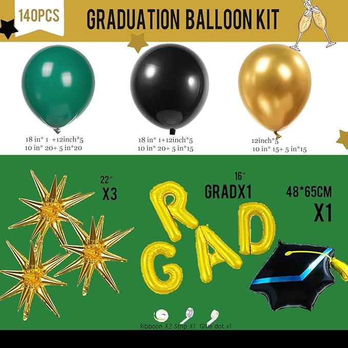 2026 Graduation Party Decorations Green Black Gold Balloons Garland Arch Kit 130pcs-Congrats Grad Golden Letter Balloons for 2026 Prom Party Supplies