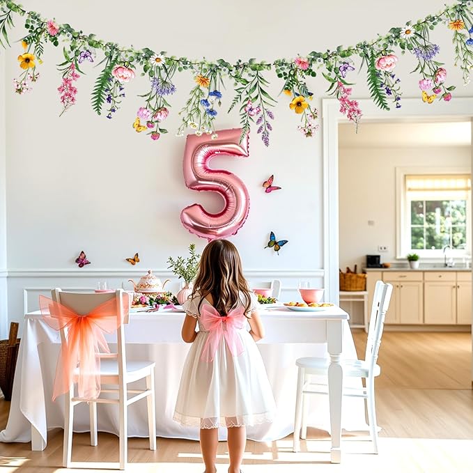 SUNBEAUTY Wildflower Banner Garden Party Flower Spring Summer Reusable Waterproof Garland 4.92 FT for Enchanted Garden Woodland Tropical Wedding Baby Shower Birthday Tea Supplies Girl Decorations