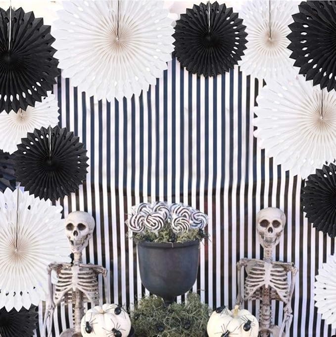 Cheerland Black White Party Decorations Hanging Paper Fans Garland Kit Gothic Decor Wedding Decoration Halloween Birthday Backdrop Baby Shower Goth Casino Emo Spooky Haunted House Party Supplies