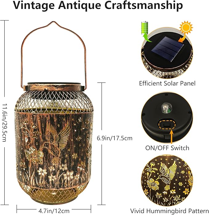 HUMIIEYE Solar Lantern Outdoor Hummingbird Garden Decor, IP65 Waterproof Hanging Solar Powered Lights Birthdays Gifts for Women Mom, Metal Decorative Light for Patio Yard Lawn Porch Backyard Christmas