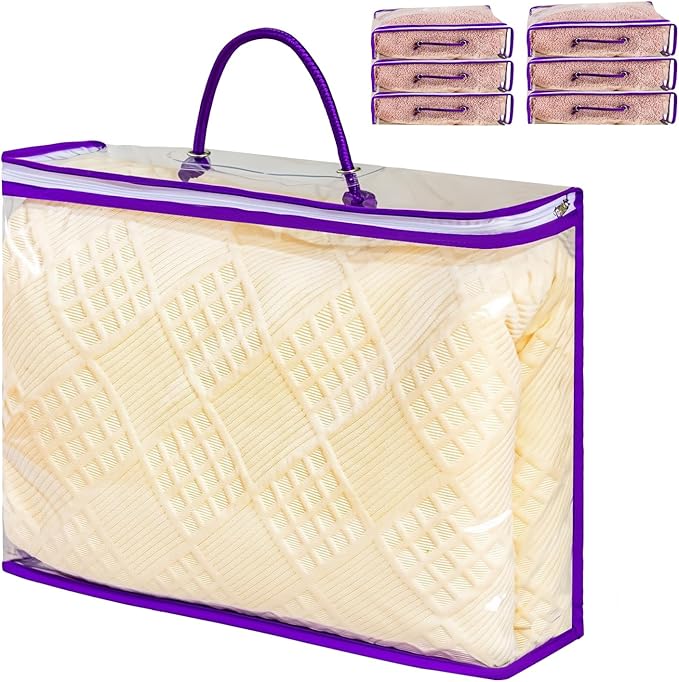 6 Pcs （16 * 12 * 4 Inch）Clear Zippered Storage Bags for Sweater Blanket Bed Sheet Storage, Plastic Storage Bags with Zipper for Closet Linen Sweater Blanket