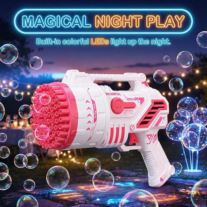Bubble Gun for Kids, 69-Hole Bubble Machine with LED Lights, 69 Hole Bubble Blaster Blower, for Ages 3+, Summer, Birthday, Party Wedding Outdoor (Pink)