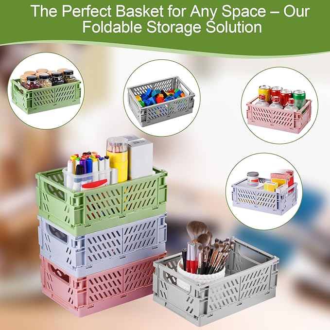 HUUSMOT 2-Pack Small Pastel Plastic Storage Baskets, Collapsible Crates for Organizing, Space-Saving Mini Bins for Classroom, Kitchen, Office, Bedroom (Yellow, 9.8" x 6.5" x 3.8")