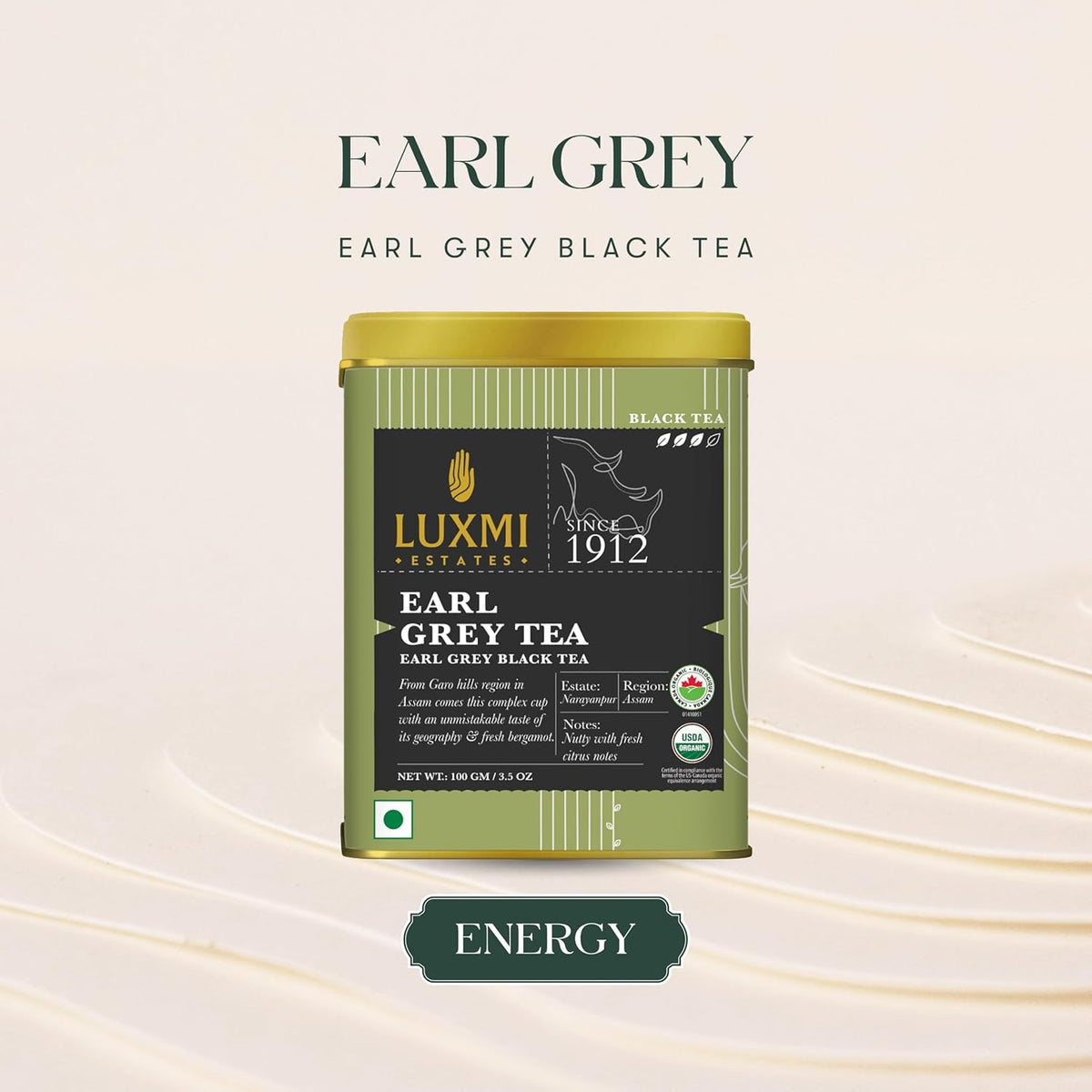 Luxmi Estates Garo Hills Earl Grey Tea 100gm Tin, Certified Organic Black Tea