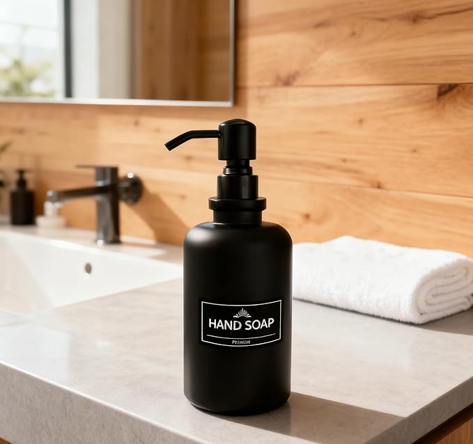 Matte Black Round Soap Dispenser for Bathroom Kitchen, 17 OZ Liquid Soap Dispenser Large Capacity Cylindrical with Stainless Steel Pump for Dish Hand Soap Vanity Countertop