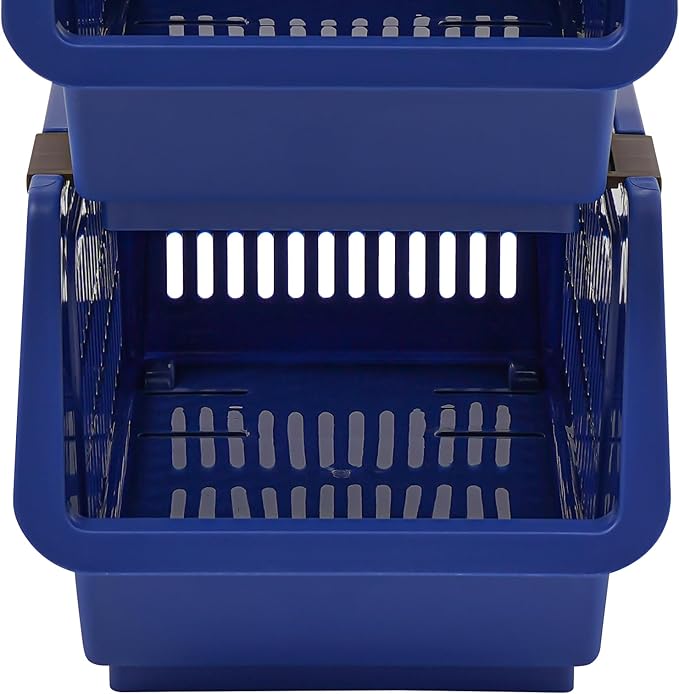 4-Pack Stackable Storage Baskets with 2 Wheels, Large Capacity 38.58 lbs Stackable Storage Bins Open Front, Space Saving Home Organization for Kitchen Bedroom Office (Blue, 9.5*13.4*29.9 in)