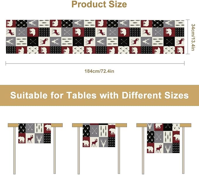 Farmhouse Bear Deer Table Runner, Retro Rustic Village Buffalo Plaid Table Runner for Coffee Table Dining Room Table Bedroom Party Holiday 13x108in