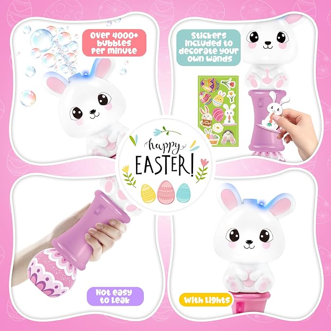 Shemira 2 Pack Bubble Wands for Kids, 11.2 inches Automatic Bubble Blower with Light, Bubbles Maker Toys with 4 Solution Sticker, Bunny Bubbles Wand for Girls, Summer Outdoor Indoor Activity