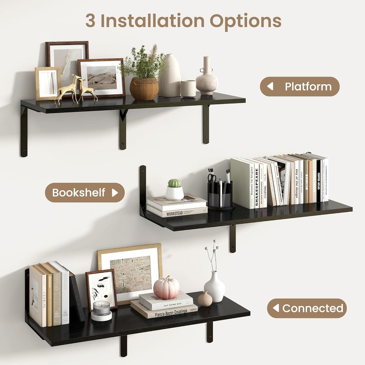 Fun Memories Floating Shelves for Wall, 12 Inch Deep Floating Shelves Set of 2, Wall Mounted Shelf with Metal Brackets