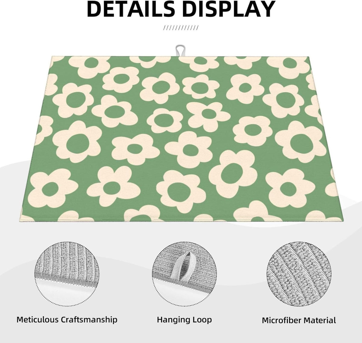 Floral Kitchen Dish Drying Mat for Dishes 18x24 Inch Vintage Groovy Flowers Drying Mat White Daisy Dish Drainer Mat Super Absorbent Dish Rack Pad for