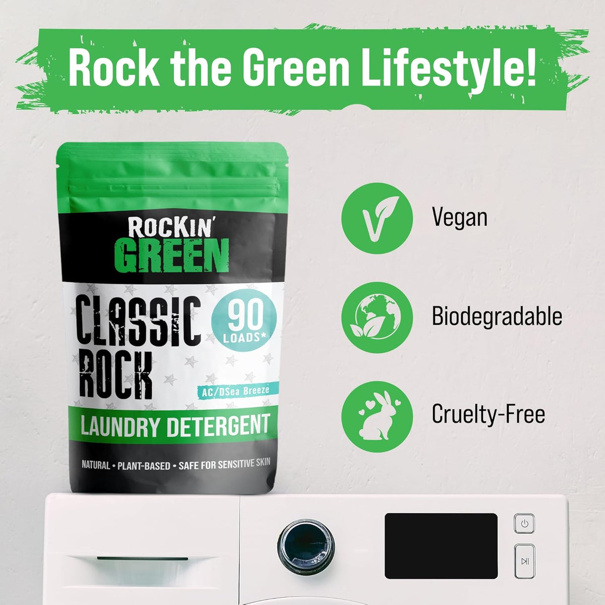Rockin' Green Classic Rock Laundry Detergent (90 Loads), Plant based, All Natural Laundry Detergent Powder, Vegan and Biodegradable Odor Fighter, Safe for Sensitive Skin, 45 oz (AC/DSea Breeze)