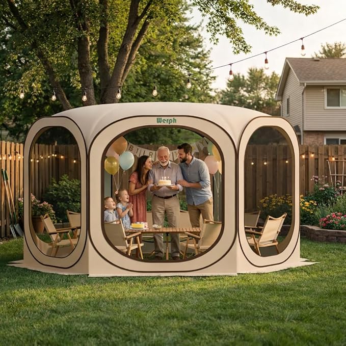 Werph 12x12 Pop Up Screen Tent, Mosquito Net Gazebo, UV Resistant Roof Waterproof Screen Canopy, Quick Setup Outdoor Shelter for Backyard, Patio, Garden, Picnic, Camping and Events, Beige