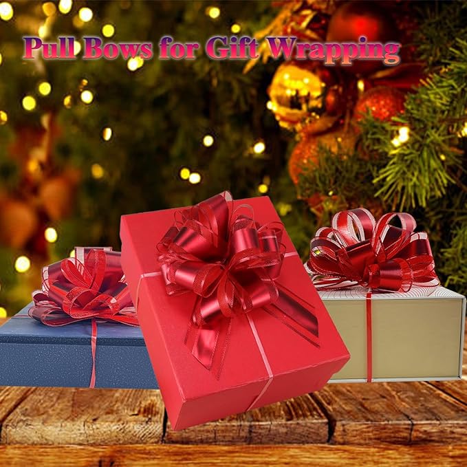 10 Pack Large Pull Bows with Ribbon, Gift Wrap Bows for Wedding, Parties & Presents (Red)