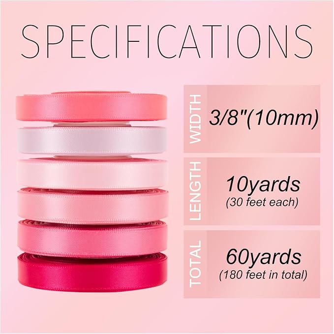 Pink Ribbon Thin 3/8 Inch x 60Yds Assorted Double Faced Pink Satin Ribbon Set for Flower Bouquet, Gift Wrapping, Wedding Invitation, Bridal Shower, Baby Shower, Hair Bows and Crafts