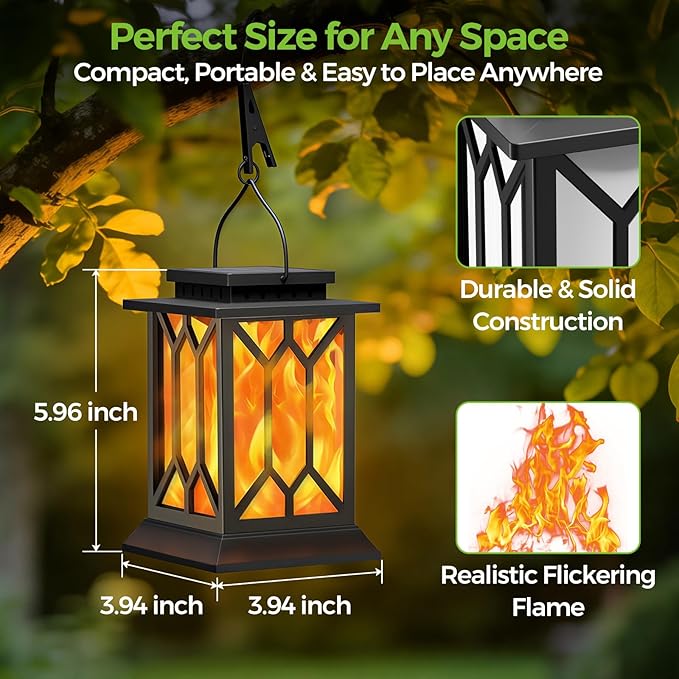 BOBKID 4 Pack Solar Lantern Outdoor Lights, Upgraded Flickering Flame Lanterns Lights Outdoor Waterproof, Hanging Lantern Decorative, Solar Powered Lighting for Yard Patio Path Tree Garden Decor