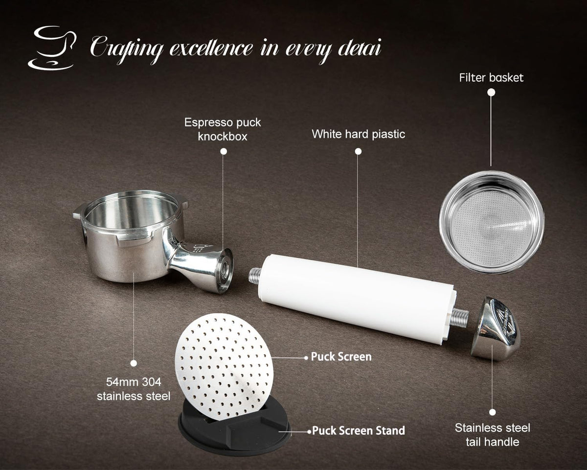 54mm Bottomless Portafilter Set – Includes Precision Filter Basket, Puck Screen & Stand – Compatible with Breville Barista Express