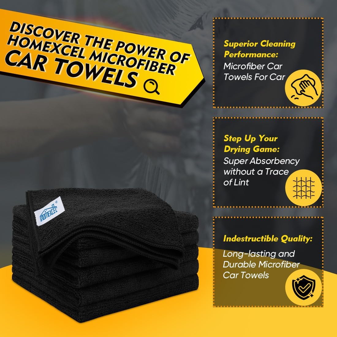 Homexcel Black Microfiber Cleaning Cloth 6 Pack, 12.5 x 12.5 inch Microfiber Towels for Cars, Ultra Absorbent Car Washing Cloth