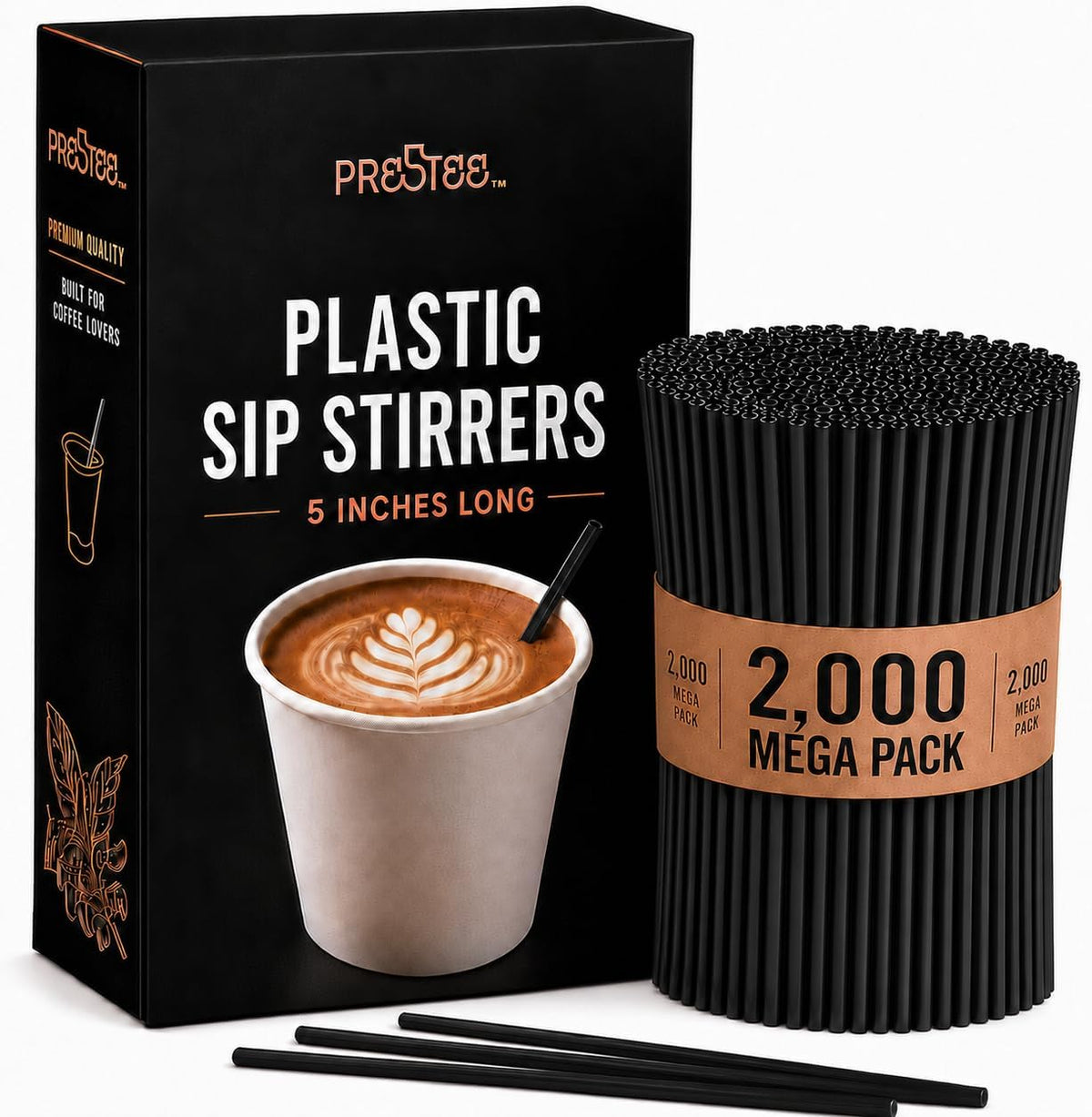 Prestee Plastic Coffee Stirrers, 2000ct, 5" - Plastic Straws, Drinks and Coffee Stir Sticks, Cocktail Swizzle Sticks, Disposable Stir Stick, Drinking Straws for Cocktails (Black)