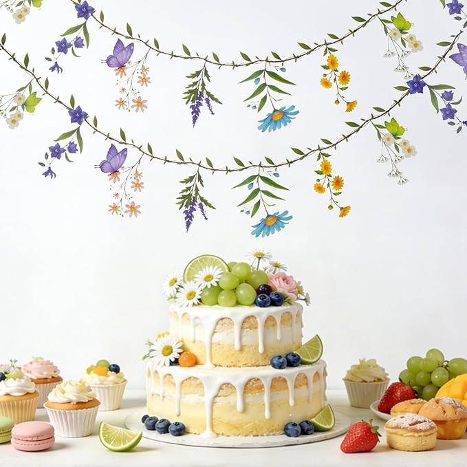 2 Pack Wildflower Garland Set, Pre-Strung Waterproof Spring Floral Garland for Wildflower Baby Shower Decorations, Bridal Shower Flower Birthday Spring Garden Tea Party Decor (160in Total)