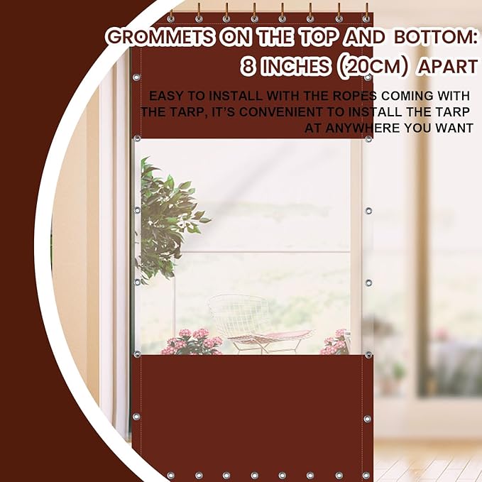 20 Oz Outdoor Vinyl Curtain, Outdoor Clear Panel Curtain, Weather Resistant Outdoor Curtain for Pergola, Porch, Gazebos, with Rustproof Grommets (8'H x 10'W, Brown)
