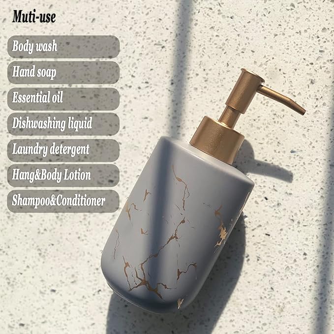 Gold Ceramic Soap Dispenser With Marble Pattern for Bathroom and Kitchen - Liquid Hand Pump Bottle (Grey)