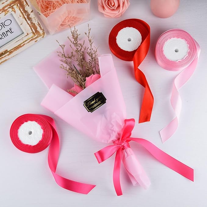 ASTARON Satin Ribbon for Crafts - 1 Inch, Red Pink Solid Color Ribbon Fabric for Gift Wrapping, Bouquets, DIY Hair Bows, Valentine's Decorations