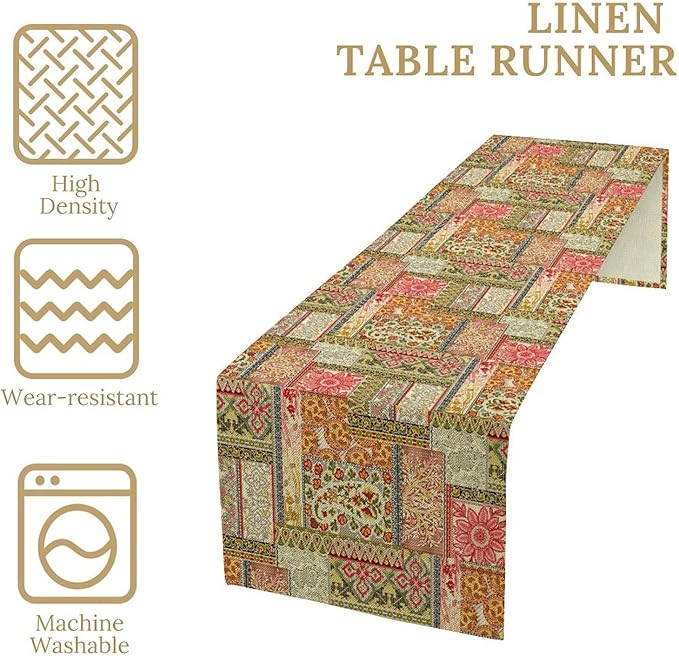 Colorful Patchwork Table Runner, Boho Floral Vintage Wildflower Rustic Paisley Design Table Runner for Dining Coffee Party Holiday Farmhouse 13x36in