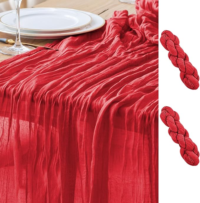 Asee'm 2PCS Easter Table Runner Cheesecloth 10FT Red Boho Gauze Fabric Rustic Sheer Cheese Cloth Runners for Valentine's Day Wedding Bridal Shower Party