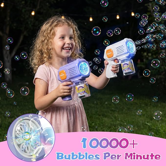 2-Pack Bubble Guns Automatic 10-Hole Bubble Maker with Lights Fun Toy for Kids & Pets Over 10,000 Bubbles Per Minute with Bubble Solution Ideal Gift for Birthdays/Parties/Weddings
