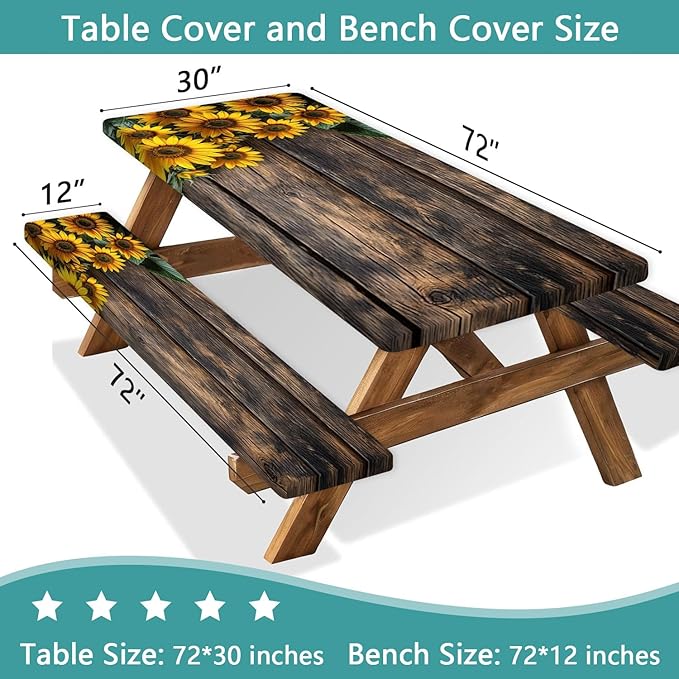 Picnic Table Cover with Bench Covers Wood Sunflower Elastic Outdoor Tablecloth Camping Essentials Waterproof Windproof Camping Tablecloth with Drawstring Bag, Fitted Rectangle Tables Seats 60X30in