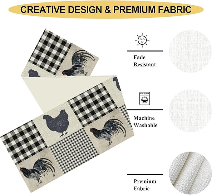 Farmhouse Rooster Table Runner, Vintage Rooster Retro Farmhouse Country Chicken Buffalo Checked Coffee Table Center Decor for Home Kitchen Dining Patio Holiday Party Table Decorations 13"x36"