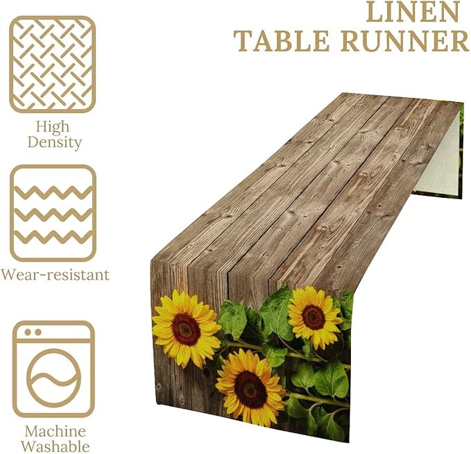 Sunflower Floral Table Runner, Country Farmhouse Vintage Spring Flower Rustic Wooden Plank Kitchen Dining Table Decoration for Indoor Outdoor Home Party Decor, 13x108inch