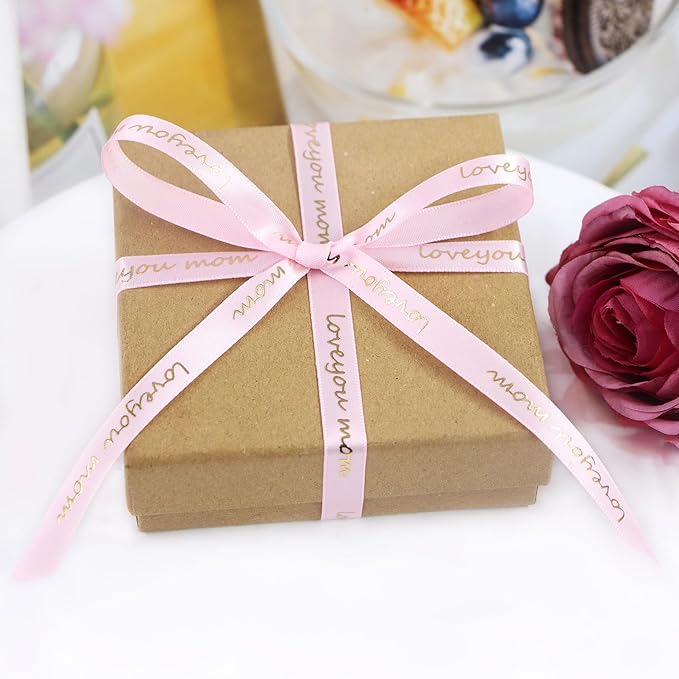 Mother’s Day Ribbon Set – 5 Rolls Satin Gift Flower Ribbons with Gold Foil Letters – 5 Yards Each, 10mm & 16mm – Love You Mom, Just for You, We Mom – Gift Wrap, Flower Wrap, Crafting, DIY (5)