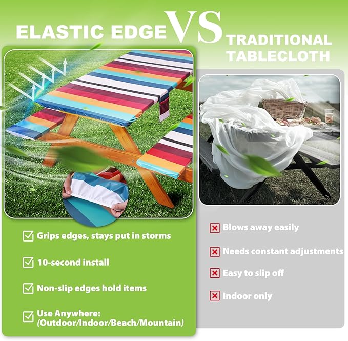Fitted Picnic Table Cover with Bench Covers Waterproof Elastic Edges Rectangle Patio Tablecloth Outdoor Camping Essentials Stuff Rv Accessories Summer Trip Travel Supplies Party Camper Gifts, 8 ft