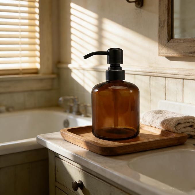 Clear Glass Soap Dispenser, 11 Oz Boston Round Bottle Dispenser with Stainless Steel Pump, Refillable Kitchen & Bathroom Countertop Dish Soap Dispenser, Oil Rubbed Bronze