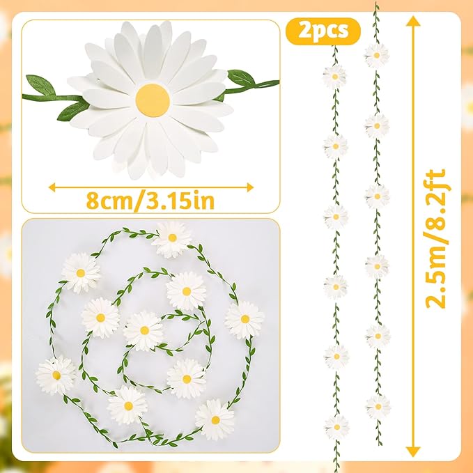 3D Daisy Flower Garland (2PCS) Flower Banner Wildflower Party Decorations Leaves Banner Paper Flower Spring Wedding Backdrop Decor