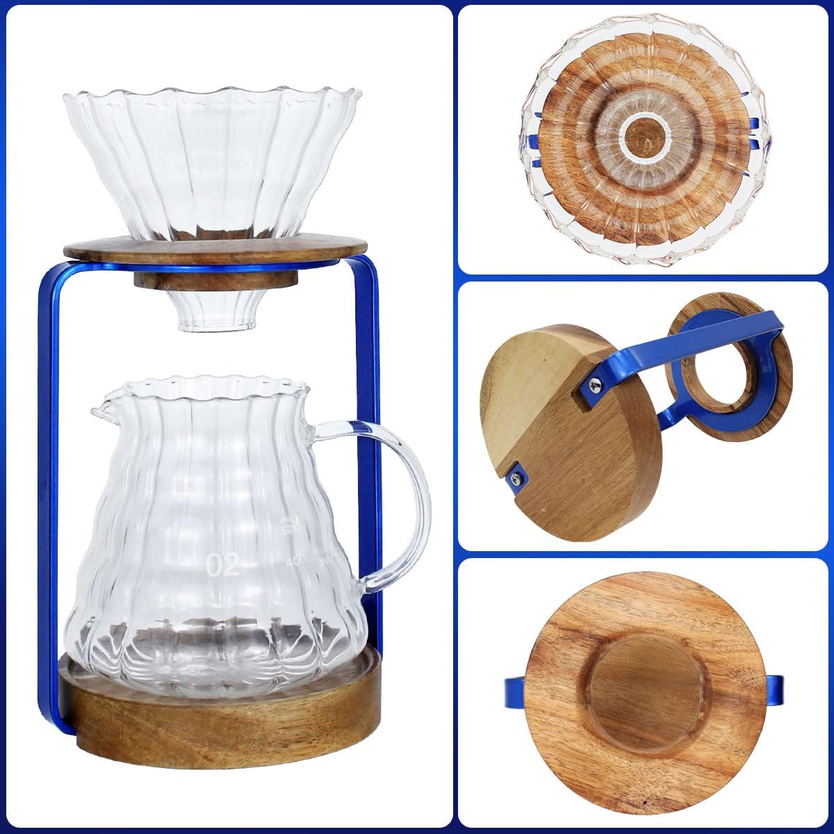 Sotech Pour Over Coffee Dripper Stand with Metal Stand Wooden Filter Holder Glass Server with Paper Coffee Filters