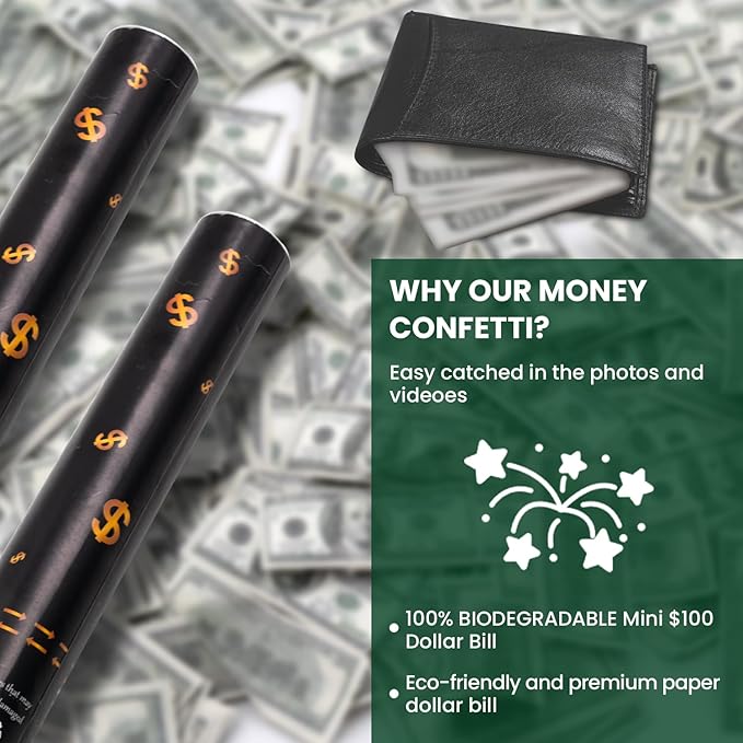 Confetti Cannon Party Poppers 12 Pack 100 Dollar Bill Money Paper Make it Rain 12 inch Confetti Shooters Bill Launcher for Business Signing Opening Activities Birthday Party Celebration