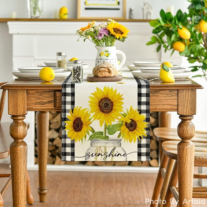 Artoid Mode Buffalo Plaid Sunflower Vase Sunshine Summer Table Runner, Spring Kitchen Dining Table Decoration for Home Party Decor 13x72 Inch