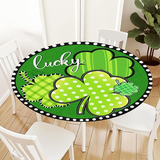 St Patricks Day Round Fitted Tablecloth with Elastic Green Shamrock Lucky Circle Table Cover for 40-44" Tables Spring Clover Wipeable Waterproof Washable Table Cloth for Party Picnic Dining Decor
