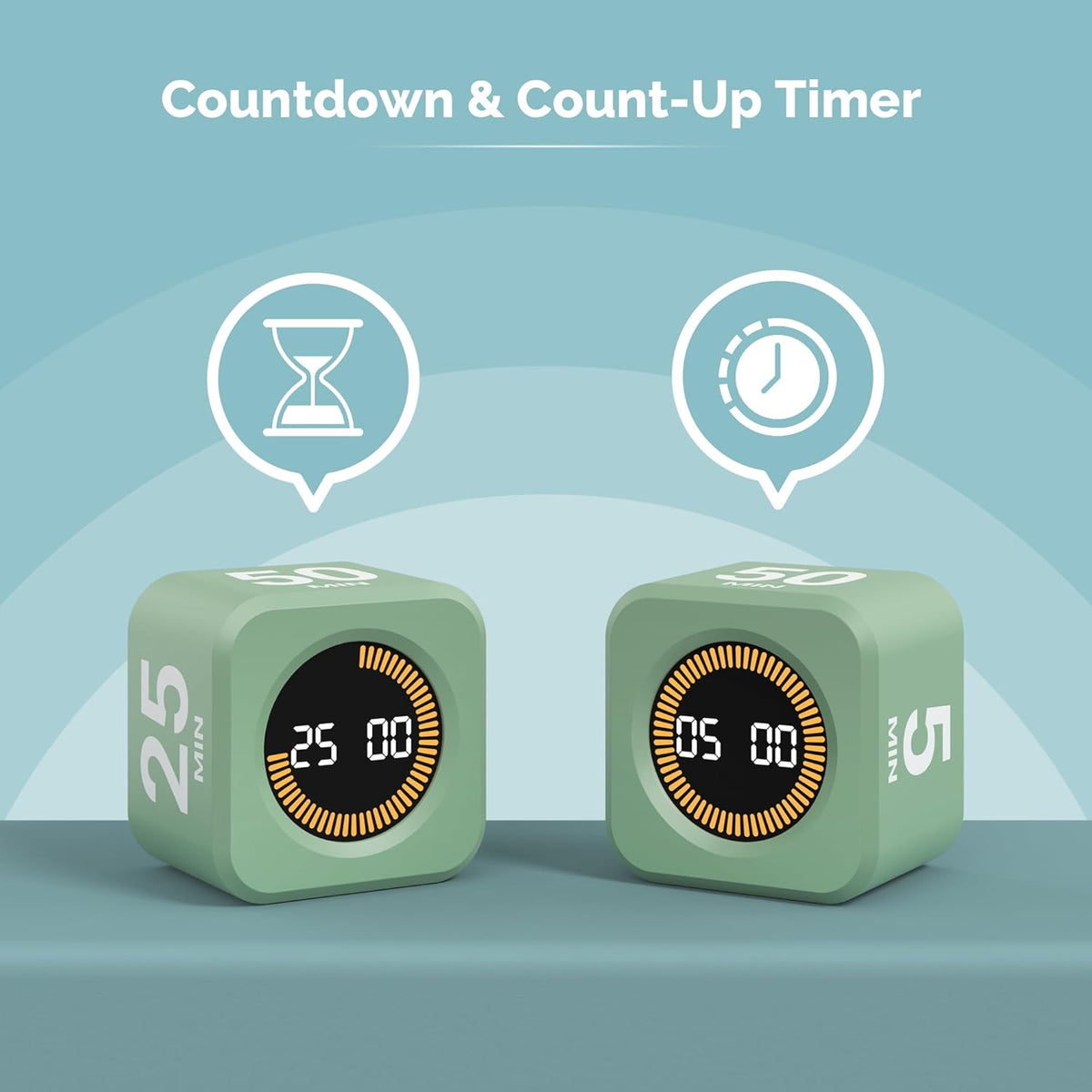 Kadams Pomodoro Cube Timer Productivity Visual Timer - 5/10/25/50 Min Rotating Countdown (Green)
