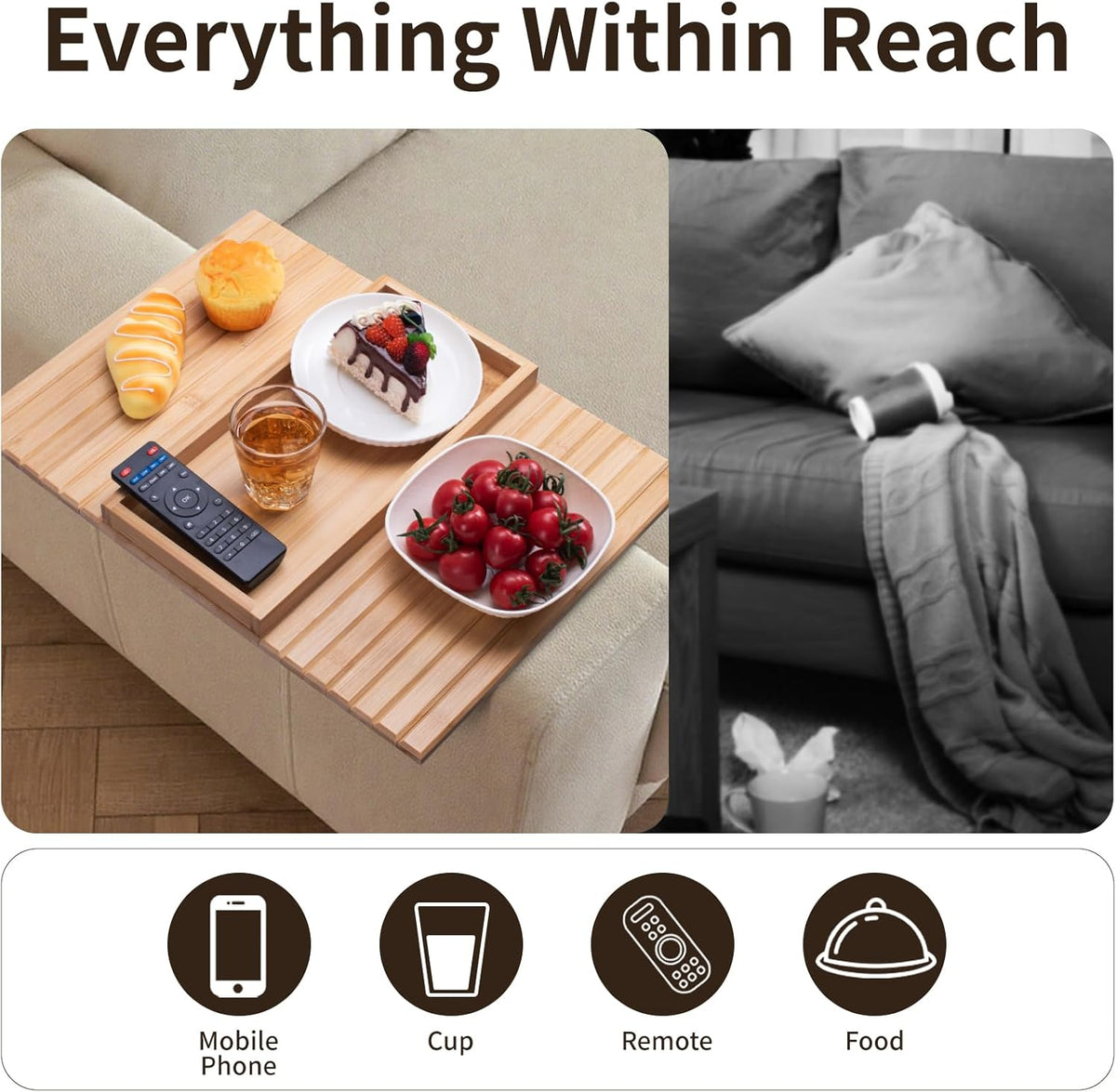 Bamboo Sofa Arm Tray Foldable Couch Arm Tray Anti-Slip Armrest Cup Holder For Couch For Drinks Snacks Phone Remote