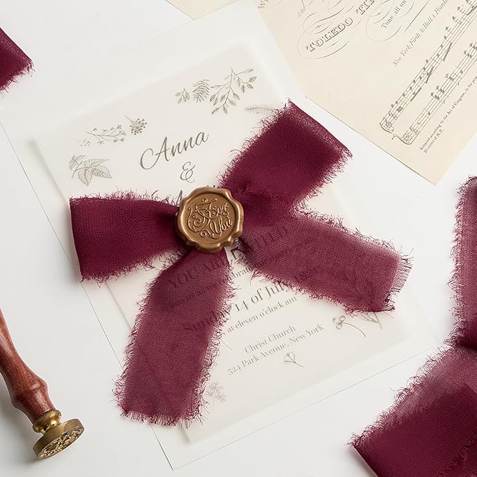 Burgundy Chiffon Ribbon 1.5" x 21 Yd Handmade Fringe Silk Chiffon Fabric Ribbon for Gift Wrapping Wedding Invitation Bridal Flower Bouquet DIY Crafts Home Decor