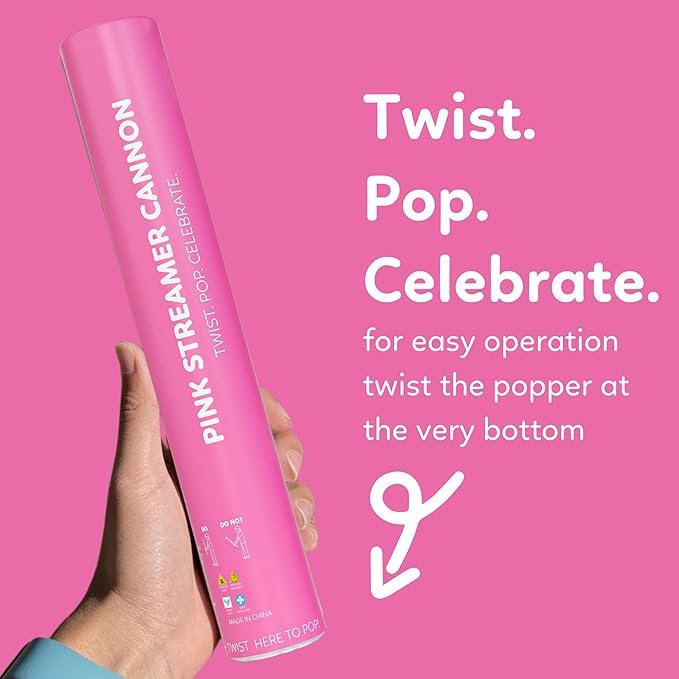 Pink Streamer Cannon Poppers | 2 Pack | Biodegradable Pink Streamers | TUR Party Supplies | Up to 25ft | Giant (12”) | Party Poppers for Graduation, Birthdays, and Bachelorette & Princess Parties