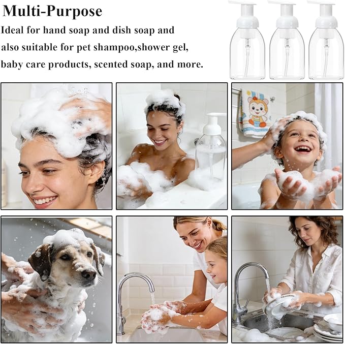 3 Pack 8oz Foaming Soap Dispenser BPA Free Clear Plastic Refillable Pump Bottle for Liquid Shampoo and Hand Soap