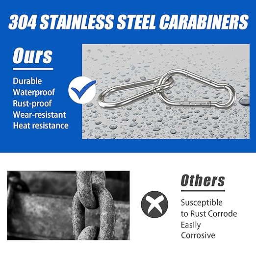 Carabiner Clip Hooks, 20pcs 3.15 inch Carabiners Heavy Duty, 304 Stainless Steel Spring Snap Hook Fits Camping Hiking, Metal Clips for Rope Chain Keys Rings