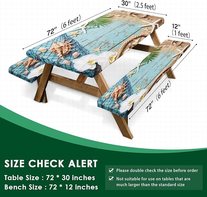 Picnic Table Cover with Bench Covers Elastic Edges, Beach Ocean Fitted Table Cover, Outdoor Patio Camping Essentials 72 Inch 3PCS, Waterproof Camping Fitted Tablecloth with Drawstring Bag