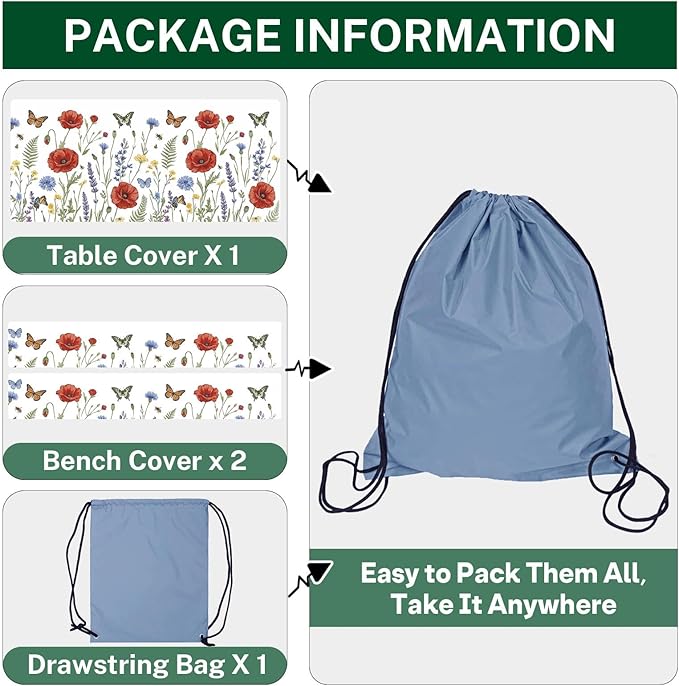 Picnic Table Cover with Bench Covers Elastic Edges, Wildflower Camper Fitted Table Cover, Outdoor Camping Essentials 72 Inch 3PCS, Waterproof Camping Fitted Tablecloth with Drawstring Bag