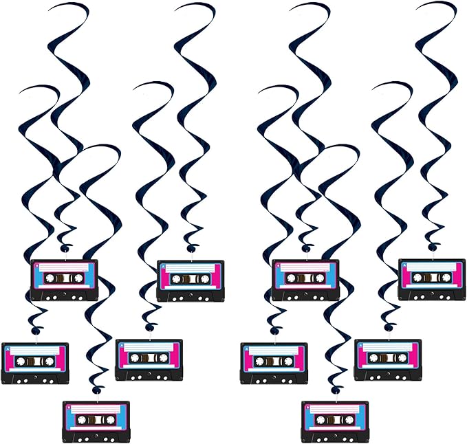 Beistle 10 Piece 80's Theme Cassette Tape Swirls, 1980's Retro Hanging Whirl Decorations