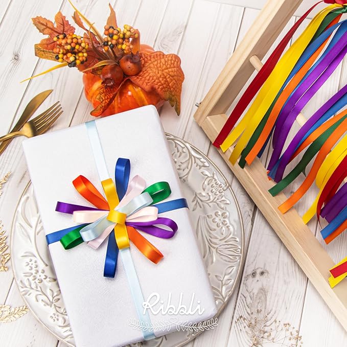 Ribbli Rainbow Satin Ribbon 3/8 Inch x 12 Rolls Total 60 Yards- Colorful Ribbon for Gift Wrapping Craft Party Decoration Baby Shower Wedding